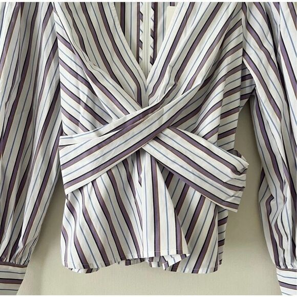 Veronica Beard Seema Stripe Twist Front Blouse in Off White Purple Multi size 8 - Picture 3 of 12